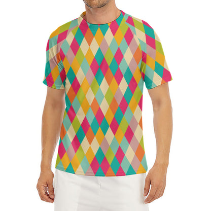 Retro Harlequin Pattern Print Men's Short Sleeve Rash Guard