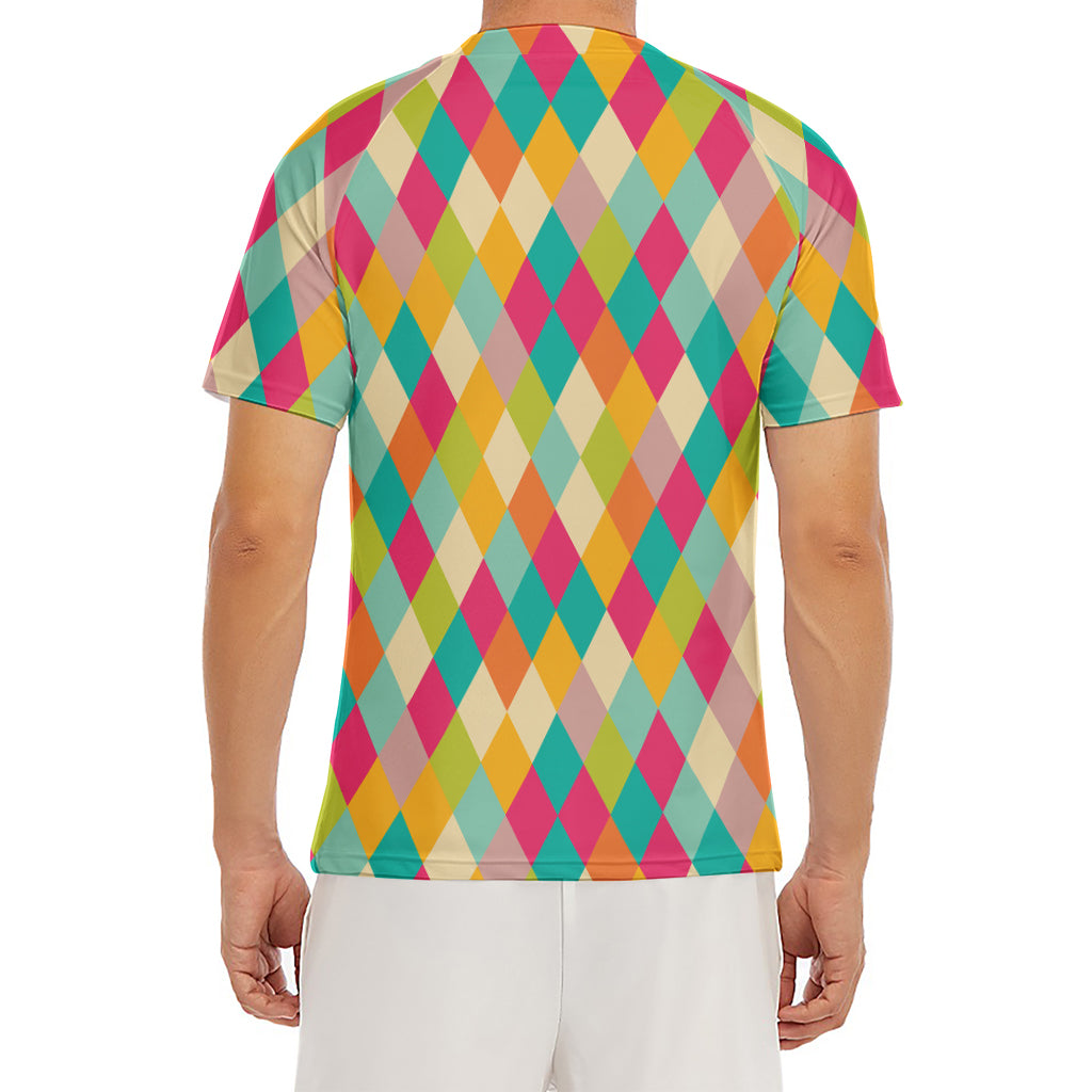 Retro Harlequin Pattern Print Men's Short Sleeve Rash Guard