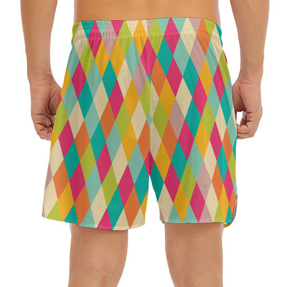 Retro Harlequin Pattern Print Men's Split Running Shorts