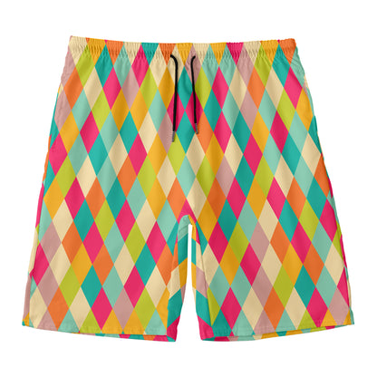 Retro Harlequin Pattern Print Men's Swim Trunks