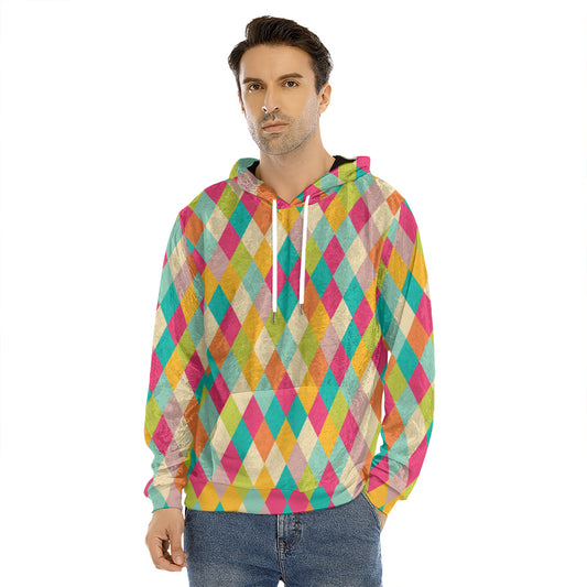 Retro Harlequin Pattern Print Men's Velvet Pullover Hoodie