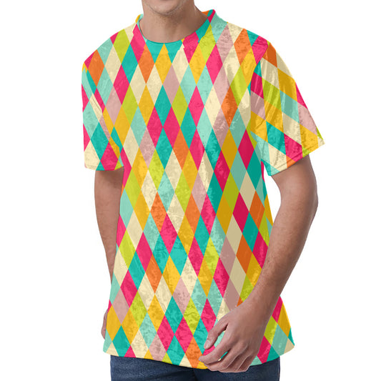 Retro Harlequin Pattern Print Men's Velvet T-Shirt