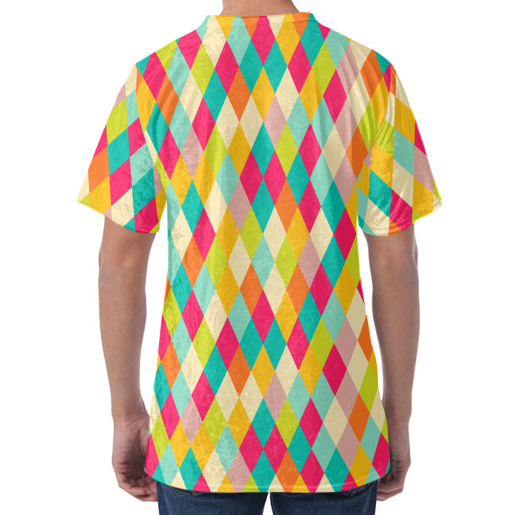 Retro Harlequin Pattern Print Men's Velvet T-Shirt