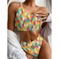 Retro Harlequin Pattern Print One Shoulder Bikini Set