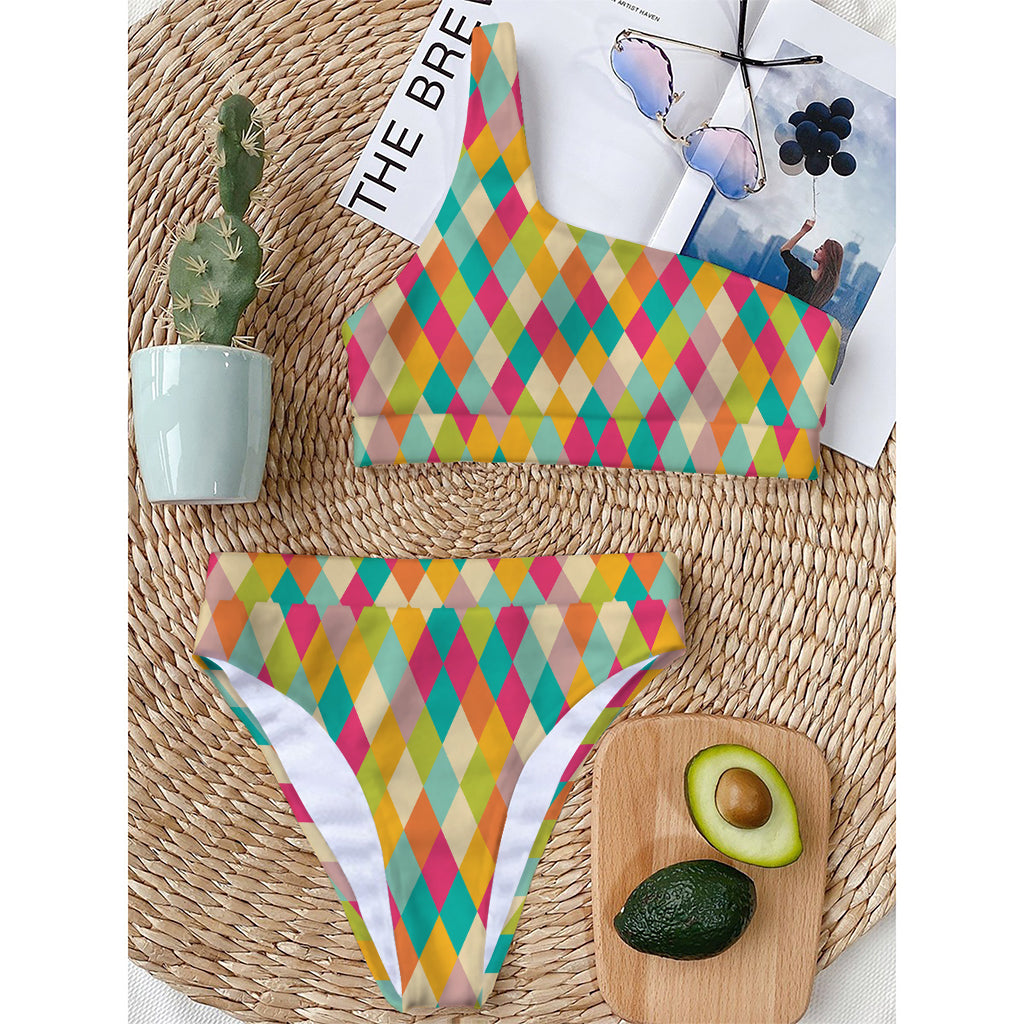 Retro Harlequin Pattern Print One Shoulder Bikini Top