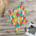 Retro Harlequin Pattern Print One Shoulder Bodysuit
