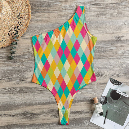 Retro Harlequin Pattern Print One Shoulder Bodysuit