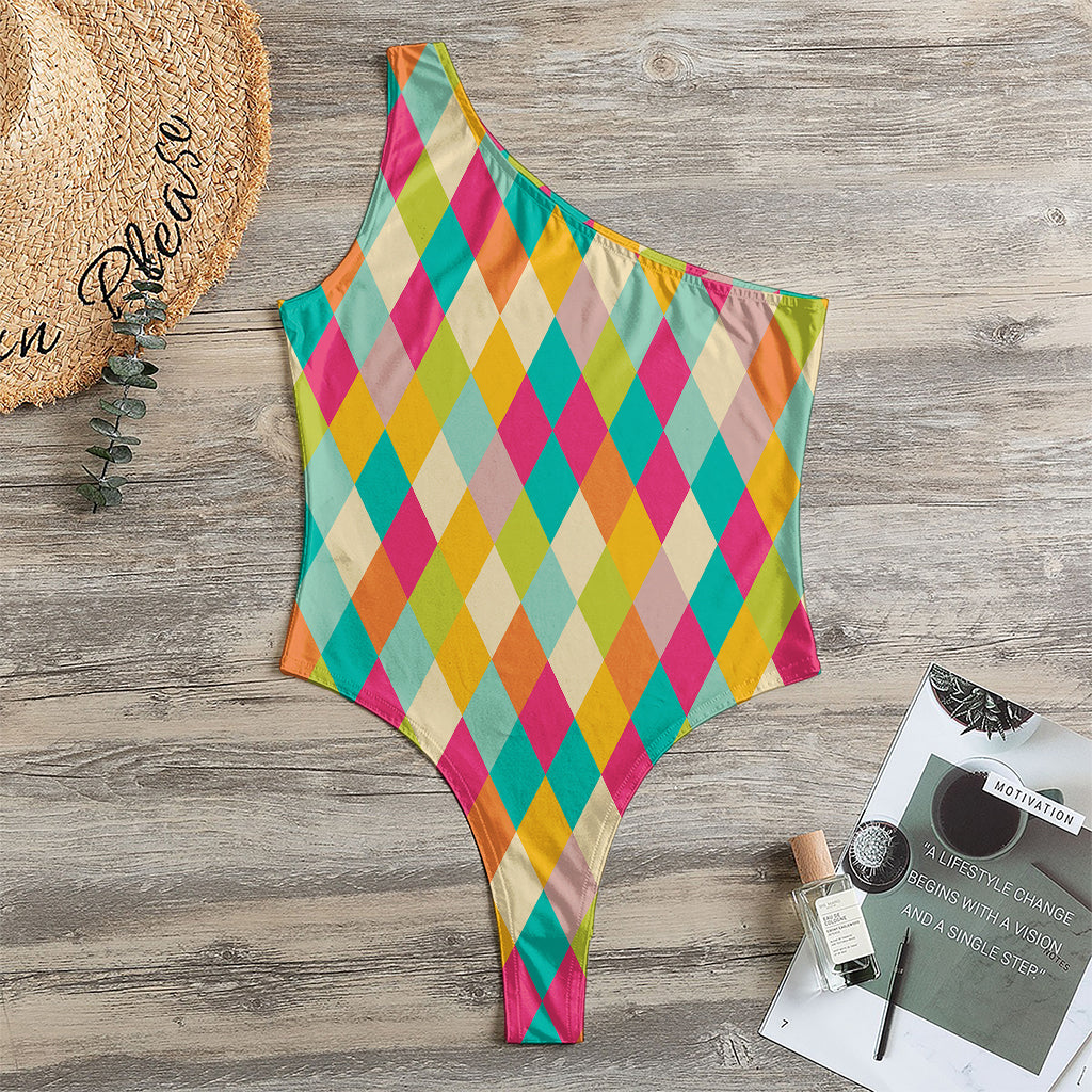 Retro Harlequin Pattern Print One Shoulder Bodysuit