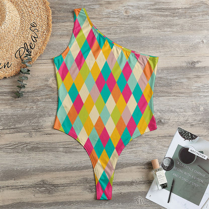 Retro Harlequin Pattern Print One Shoulder Bodysuit