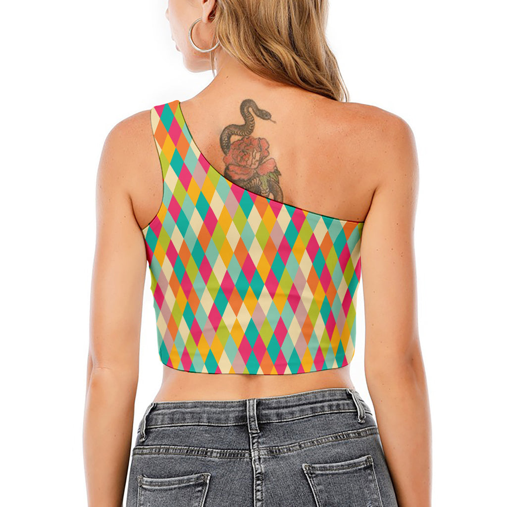 Retro Harlequin Pattern Print One Shoulder Crop Top