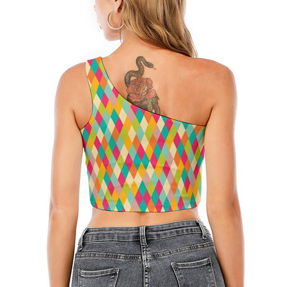 Retro Harlequin Pattern Print One Shoulder Crop Top