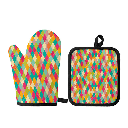 Retro Harlequin Pattern Print Oven Mitt And Pot Holder Set
