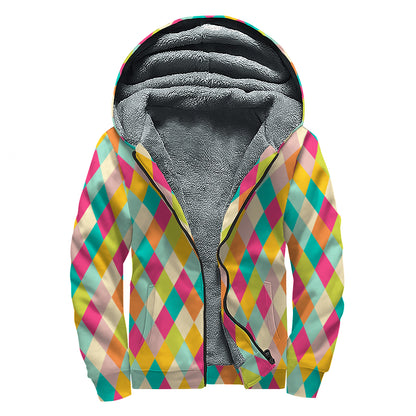 Retro Harlequin Pattern Print Sherpa Lined Zip Up Hoodie