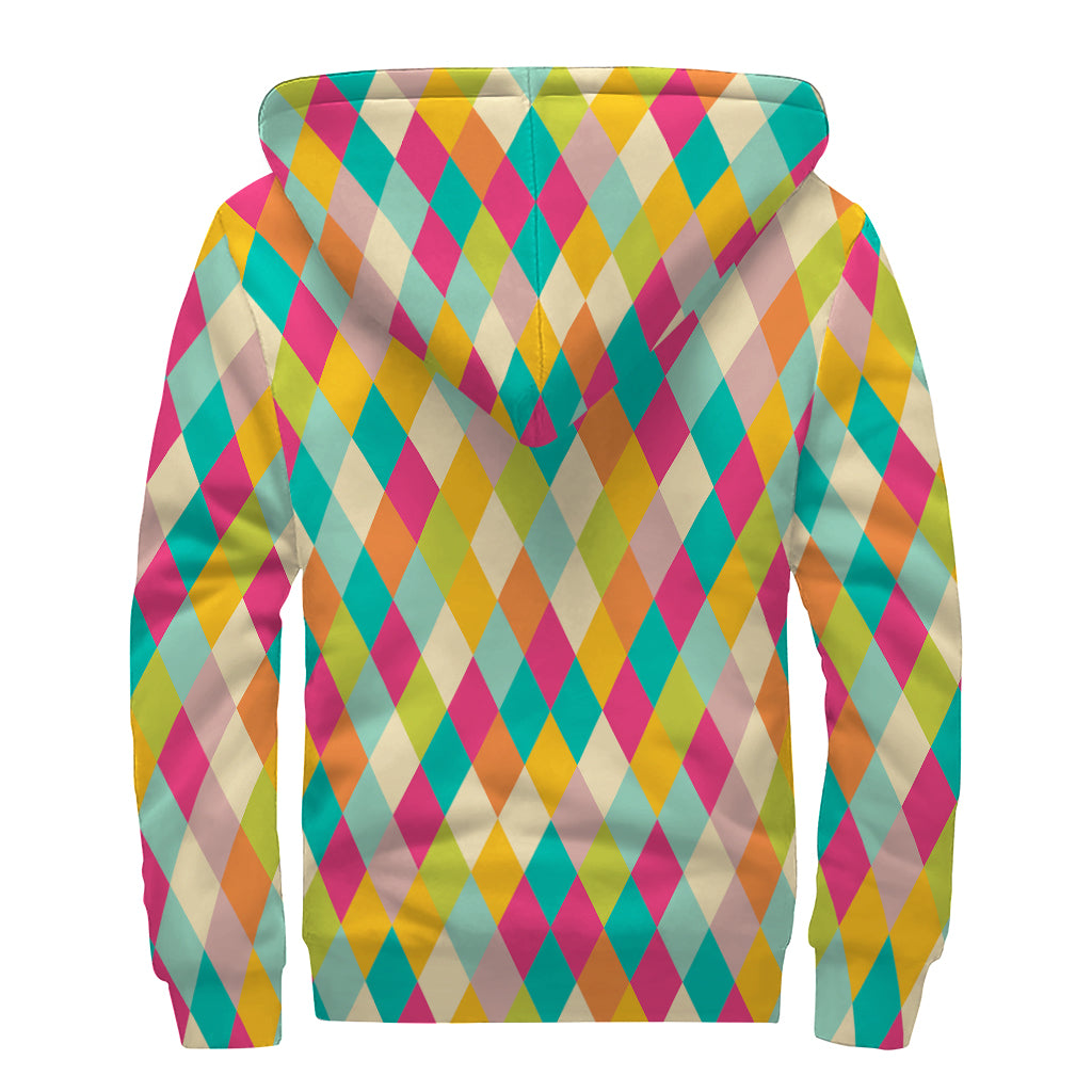 Retro Harlequin Pattern Print Sherpa Lined Zip Up Hoodie
