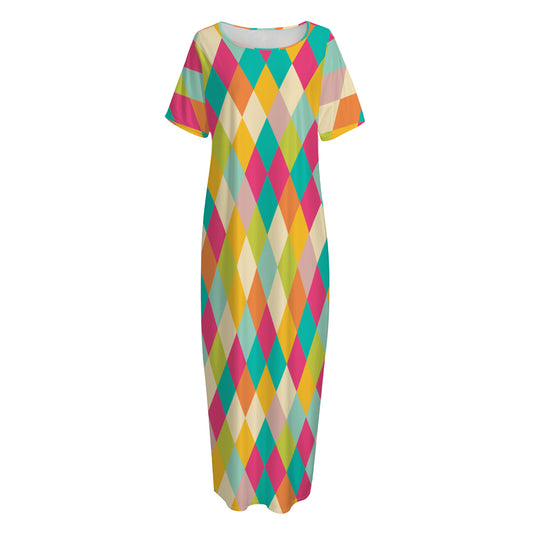 Retro Harlequin Pattern Print Short Sleeve Long Nightdress