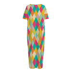 Retro Harlequin Pattern Print Short Sleeve Long Nightdress