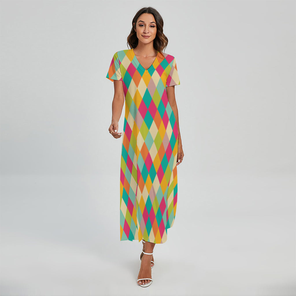 Retro Harlequin Pattern Print Short Sleeve Maxi Dress