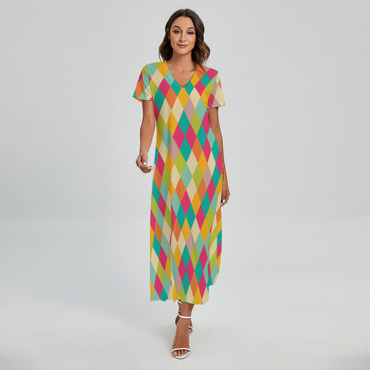 Retro Harlequin Pattern Print Short Sleeve Maxi Dress