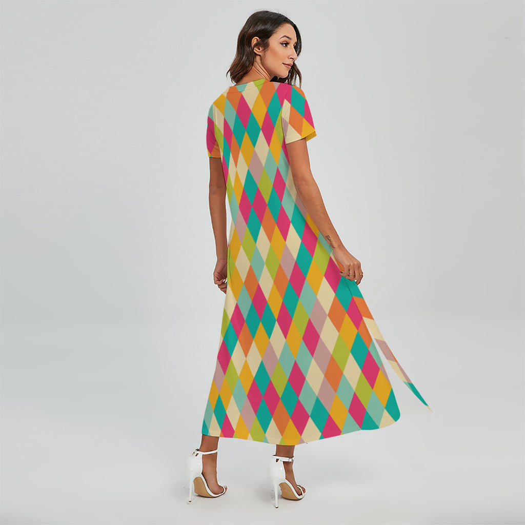 Retro Harlequin Pattern Print Short Sleeve Maxi Dress