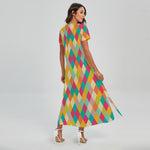 Retro Harlequin Pattern Print Short Sleeve Maxi Dress