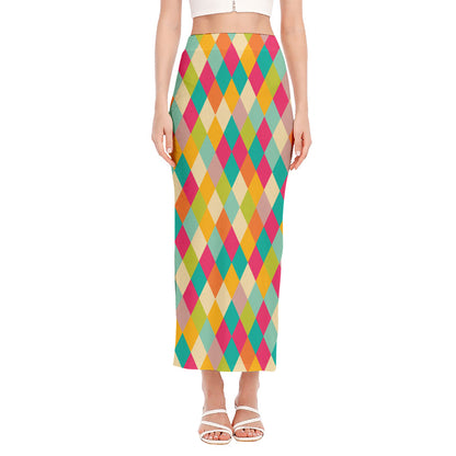 Retro Harlequin Pattern Print Side Slit Maxi Skirt