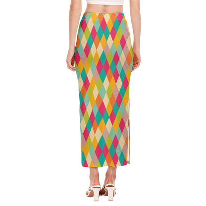 Retro Harlequin Pattern Print Side Slit Maxi Skirt