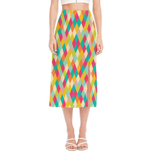 Retro Harlequin Pattern Print Side Slit Midi Skirt