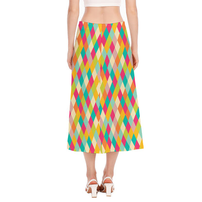 Retro Harlequin Pattern Print Side Slit Midi Skirt