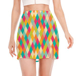 Retro Harlequin Pattern Print Side Slit Mini Skirt