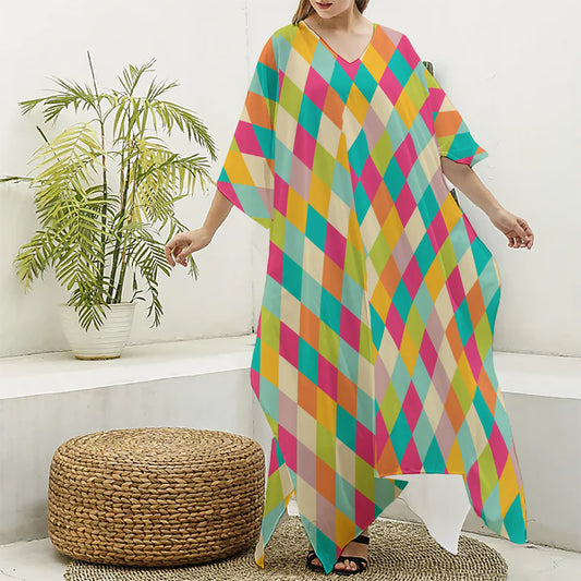 Retro Harlequin Pattern Print Silk V-Neck Kaftan Dress
