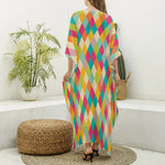 Retro Harlequin Pattern Print Silk V-Neck Kaftan Dress