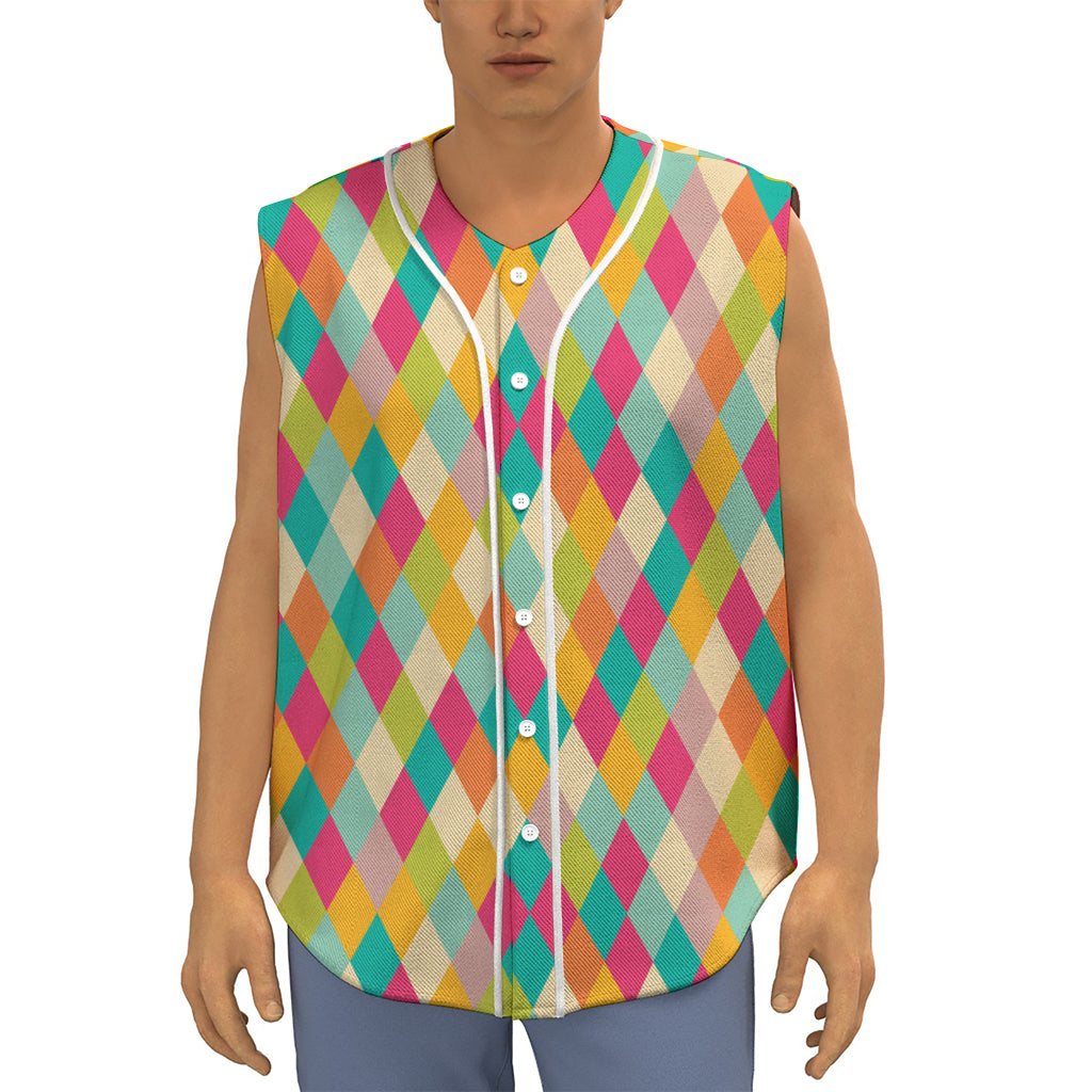 Retro Harlequin Pattern Print Sleeveless Baseball Jersey