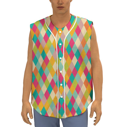 Retro Harlequin Pattern Print Sleeveless Baseball Jersey