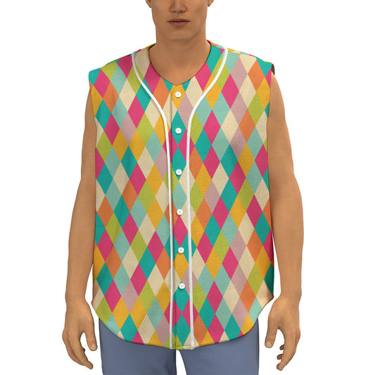 Retro Harlequin Pattern Print Sleeveless Baseball Jersey