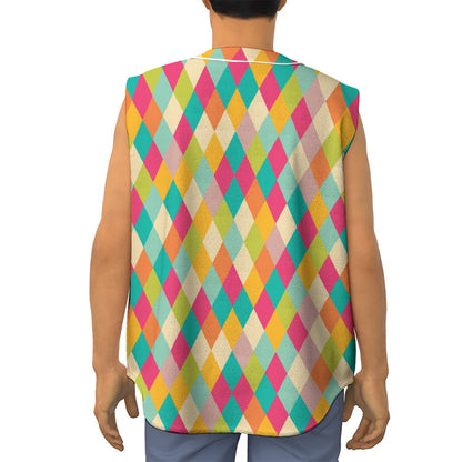 Retro Harlequin Pattern Print Sleeveless Baseball Jersey