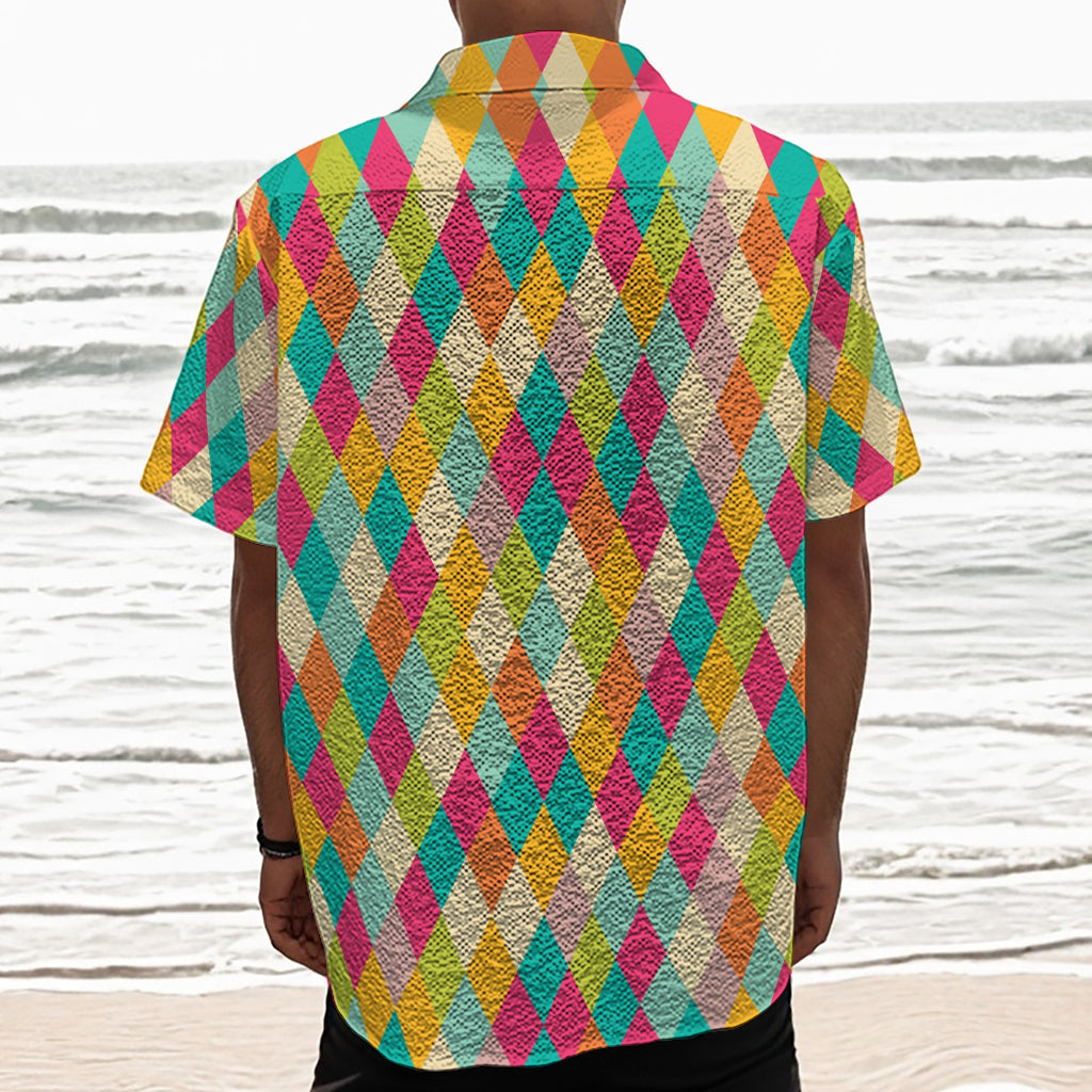 Retro Harlequin Pattern Print Textured Short Sleeve Shirt