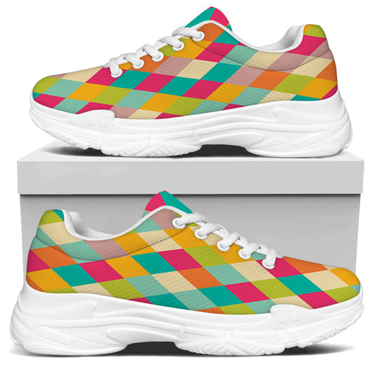 Retro Harlequin Pattern Print White Chunky Shoes