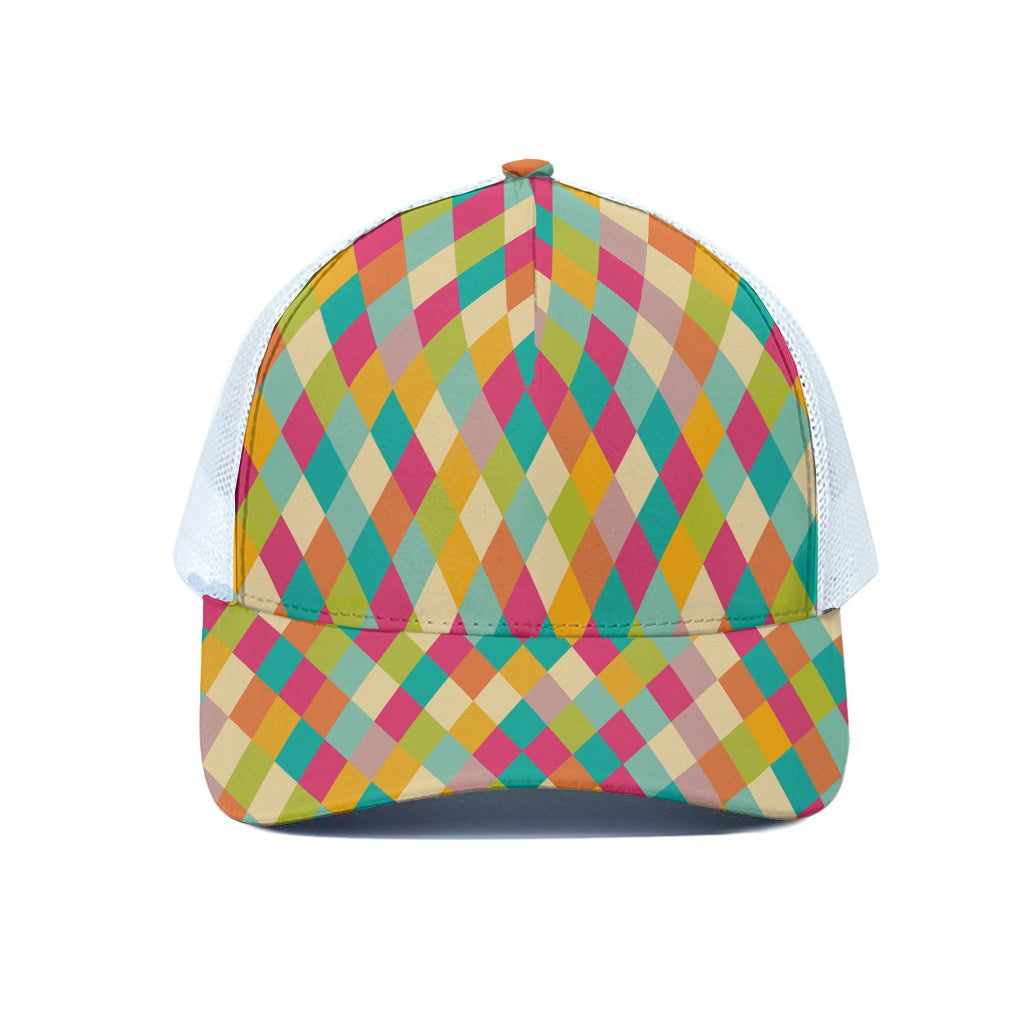 Retro Harlequin Pattern Print White Mesh Trucker Cap