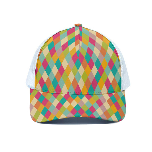 Retro Harlequin Pattern Print White Mesh Trucker Cap