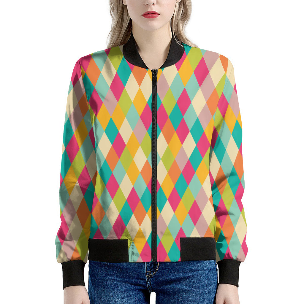 Retro Harlequin Pattern Print Women's Bomber Jacket