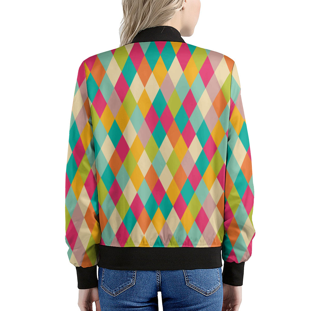Retro Harlequin Pattern Print Women's Bomber Jacket