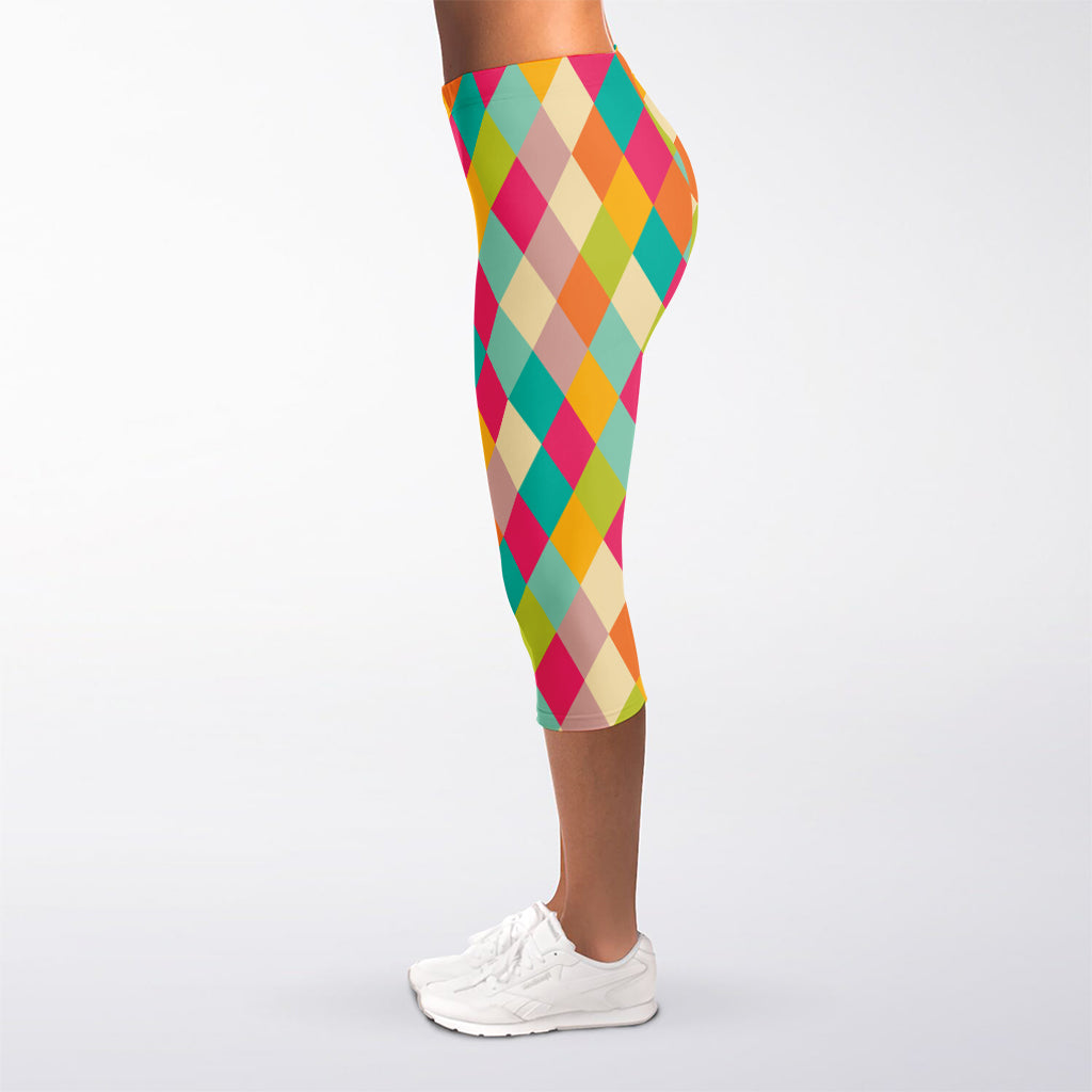 Retro Harlequin Pattern Print Women's Capri Leggings
