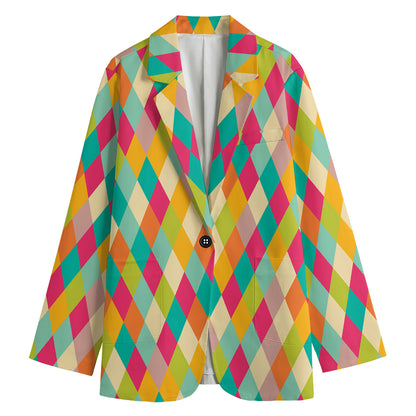 Retro Harlequin Pattern Print Women's Cotton Blazer