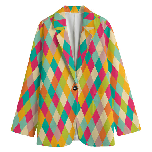 Retro Harlequin Pattern Print Women's Cotton Blazer
