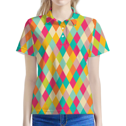 Retro Harlequin Pattern Print Women's Polo Shirt