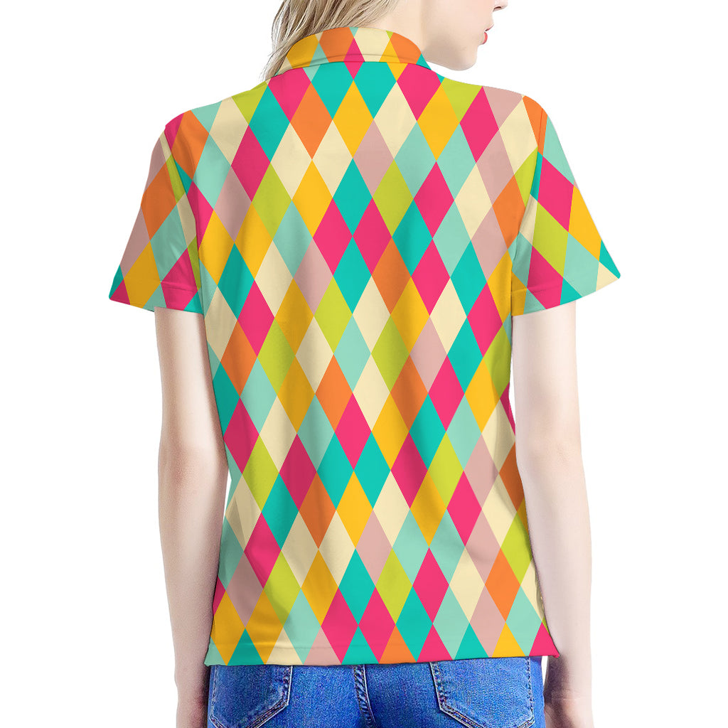 Retro Harlequin Pattern Print Women's Polo Shirt