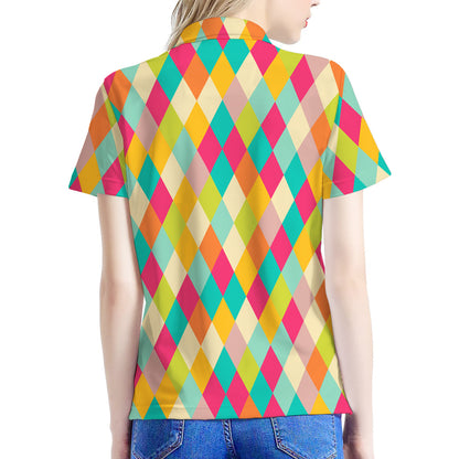 Retro Harlequin Pattern Print Women's Polo Shirt