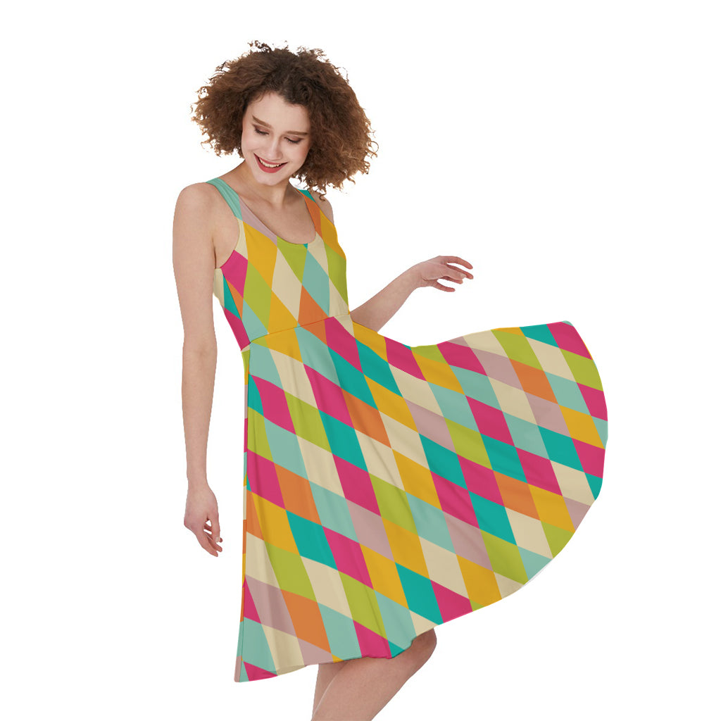 Retro Harlequin Pattern Print Women's Sleeveless Dress