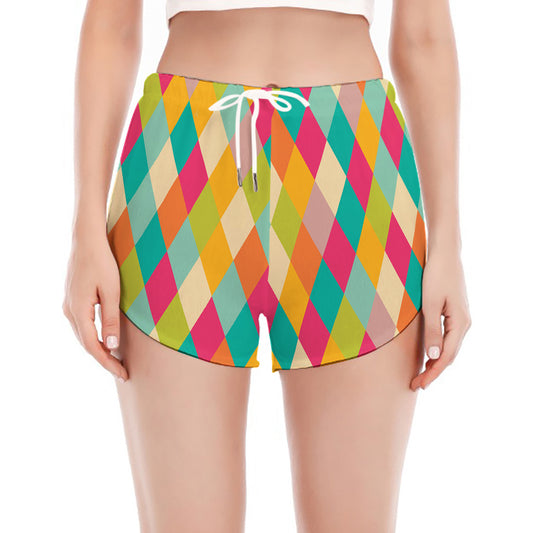 Retro Harlequin Pattern Print Women's Split Running Shorts