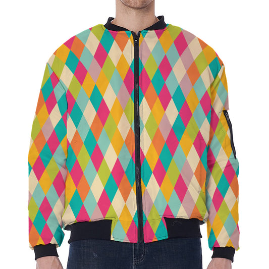 Retro Harlequin Pattern Print Zip Sleeve Bomber Jacket